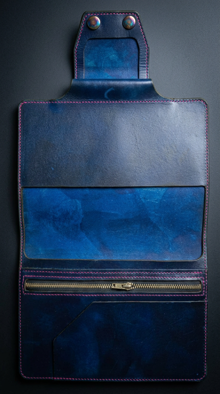 The A5 Everyday Journal Cover interior showing navy hand-dyed leather with zipper pocket and pen loop