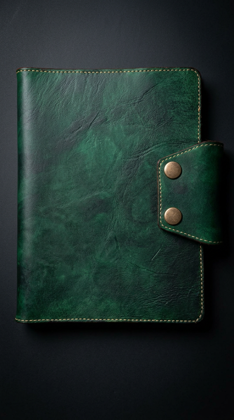 The A5 Everyday Journal Cover in hand-dyed kelly green leather with gold stitching and antique brass hardware