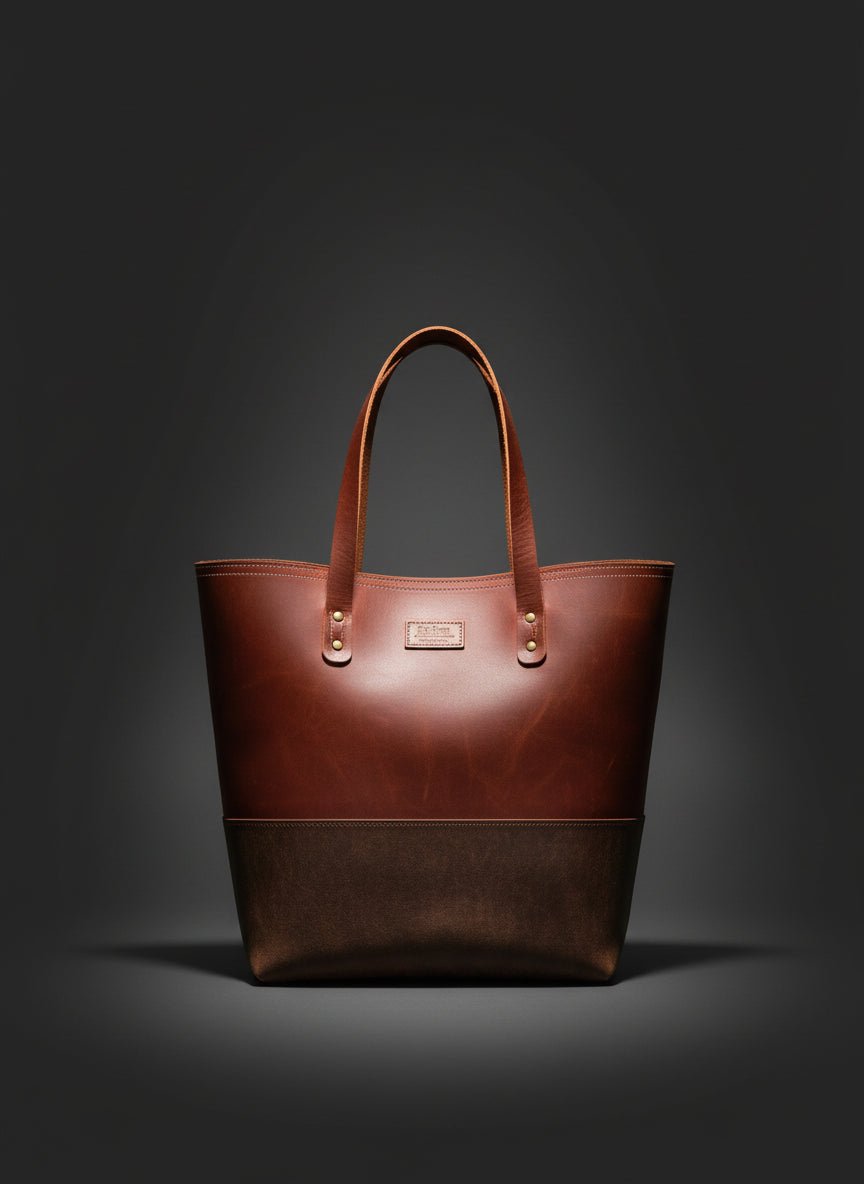 The Carryall Tote in two-tone leather with brass hardware