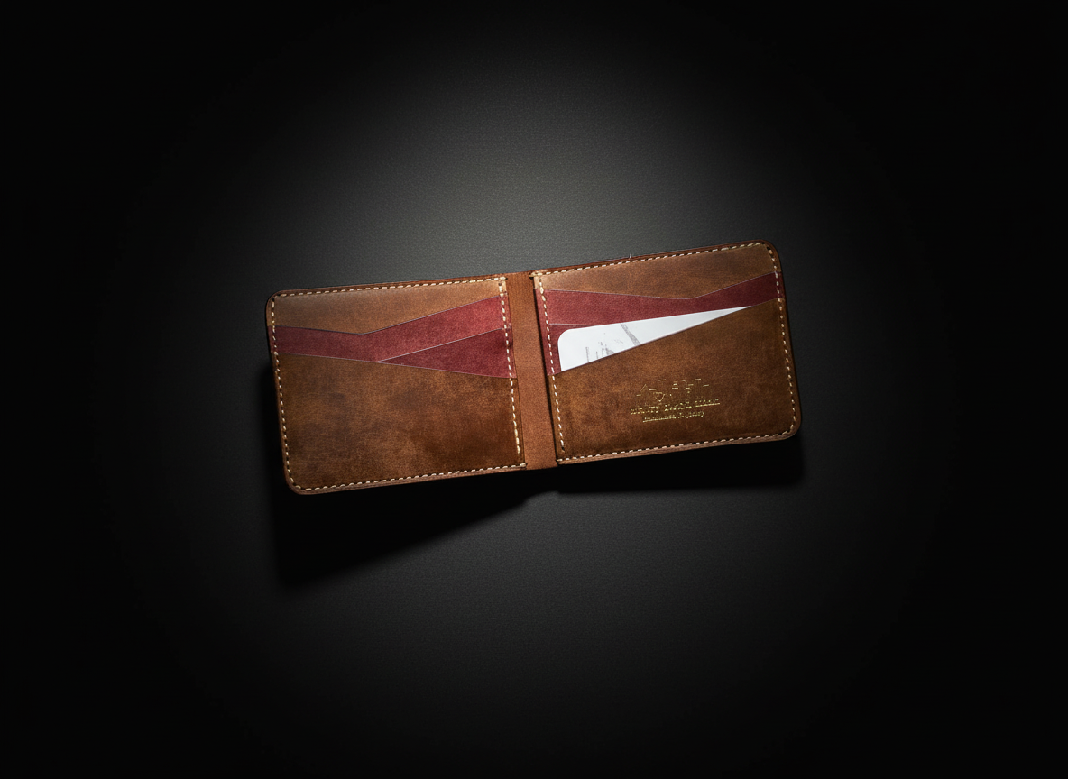 The Essential Bifold fully open flat showing all 8 card slots and center pockets