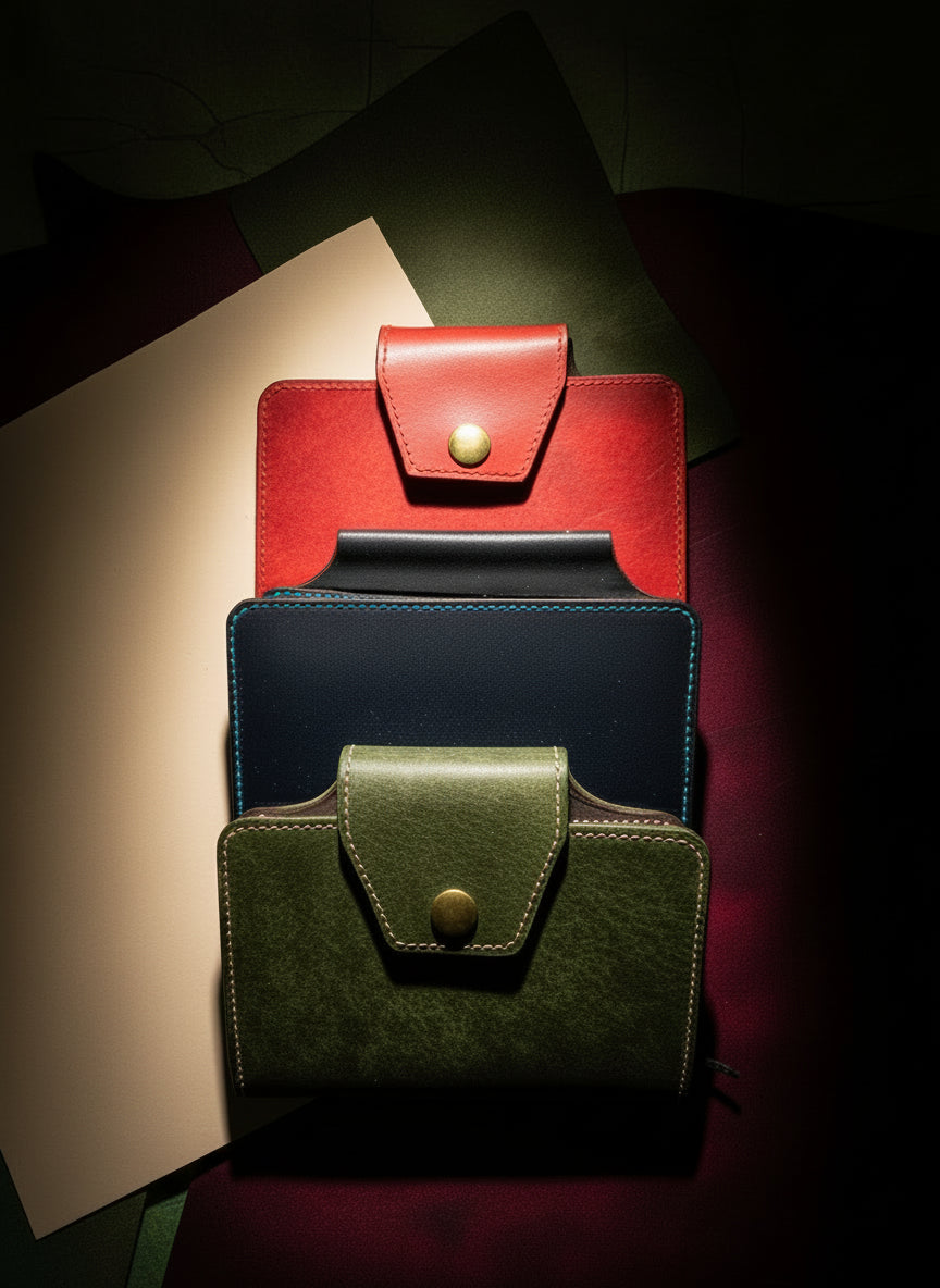 Three Field Notebook Pocket Journal Covers in red, navy, and olive leather with brass snap closures