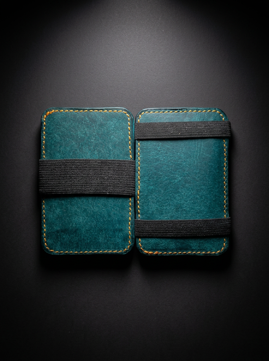 The Flip Side Magic Wallet open flat showing elastic band mechanism