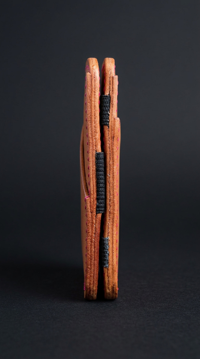 The Flip Side Magic Wallet spine detail showing layered leather construction, elastic bands, and magenta stitching