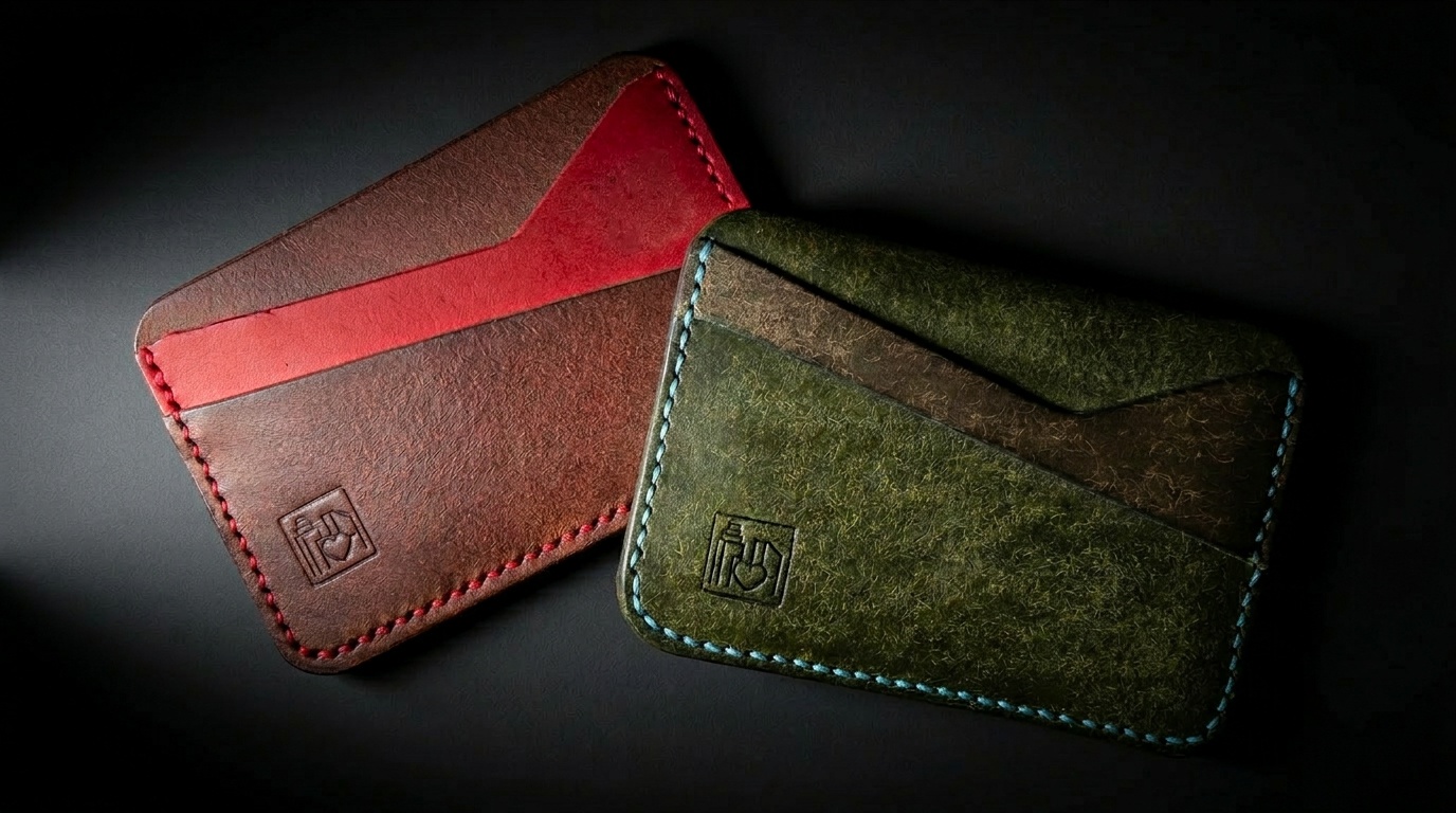 Two Landscape Card Holders — olive green with turquoise stitching and brown with red stitching