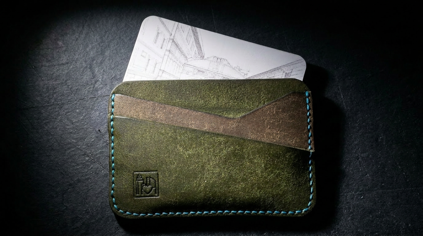 The Landscape Card Holder with card inserted showing front pocket and two-tone leather