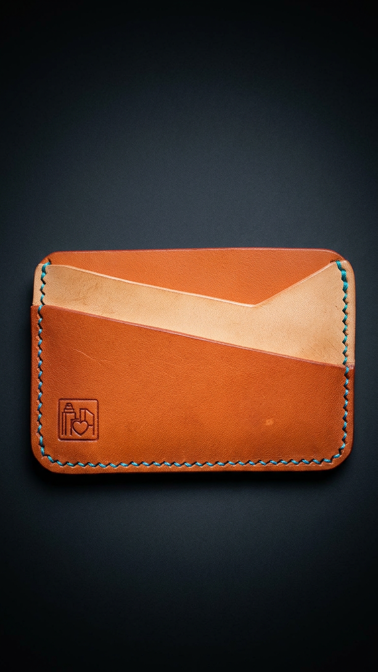 The Landscape Card Holder in Minerva olmo and natural leather with turquoise saddle stitching