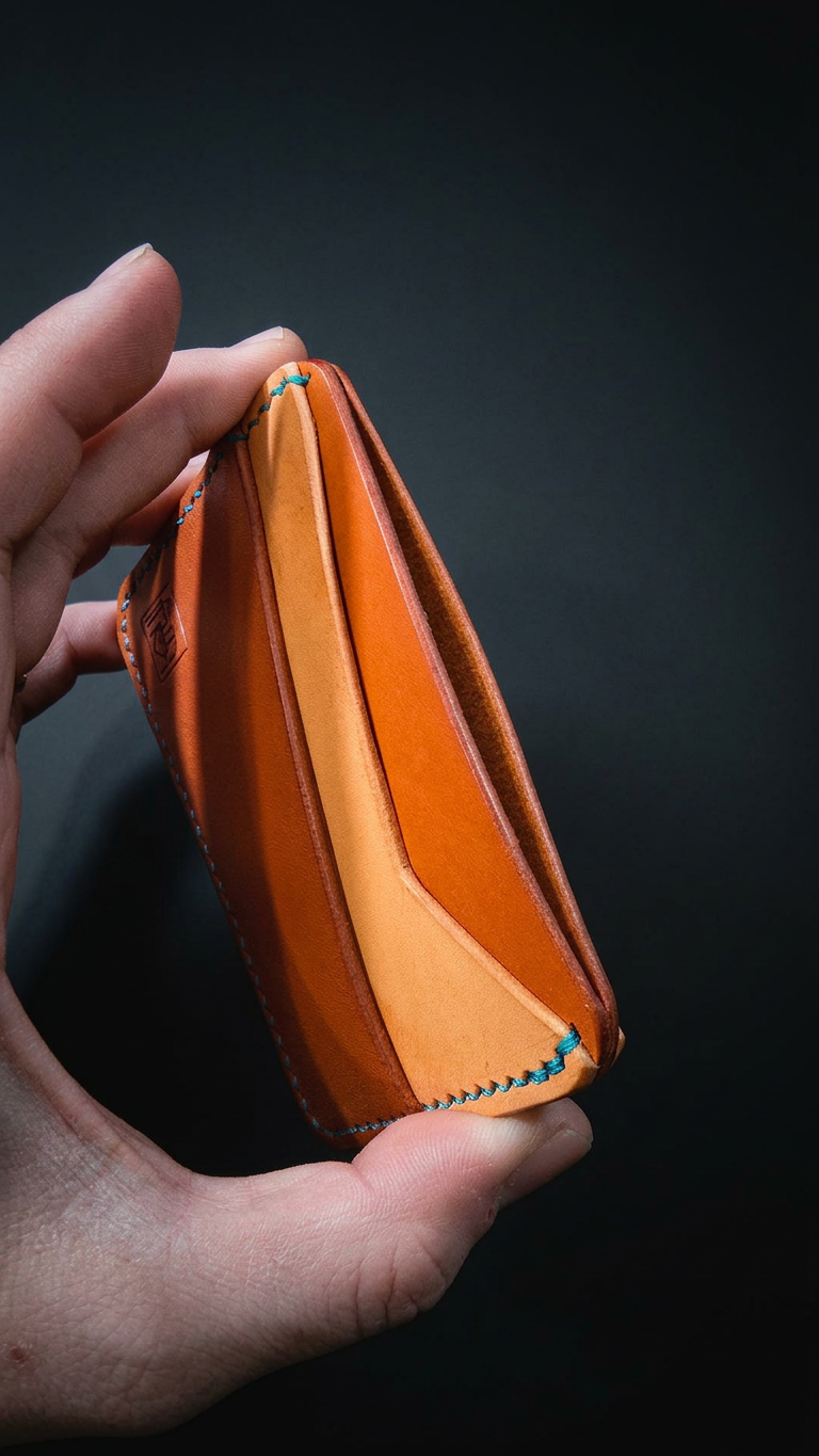 The Landscape Card Holder held in hand showing open card slots and two-tone Minerva leather construction