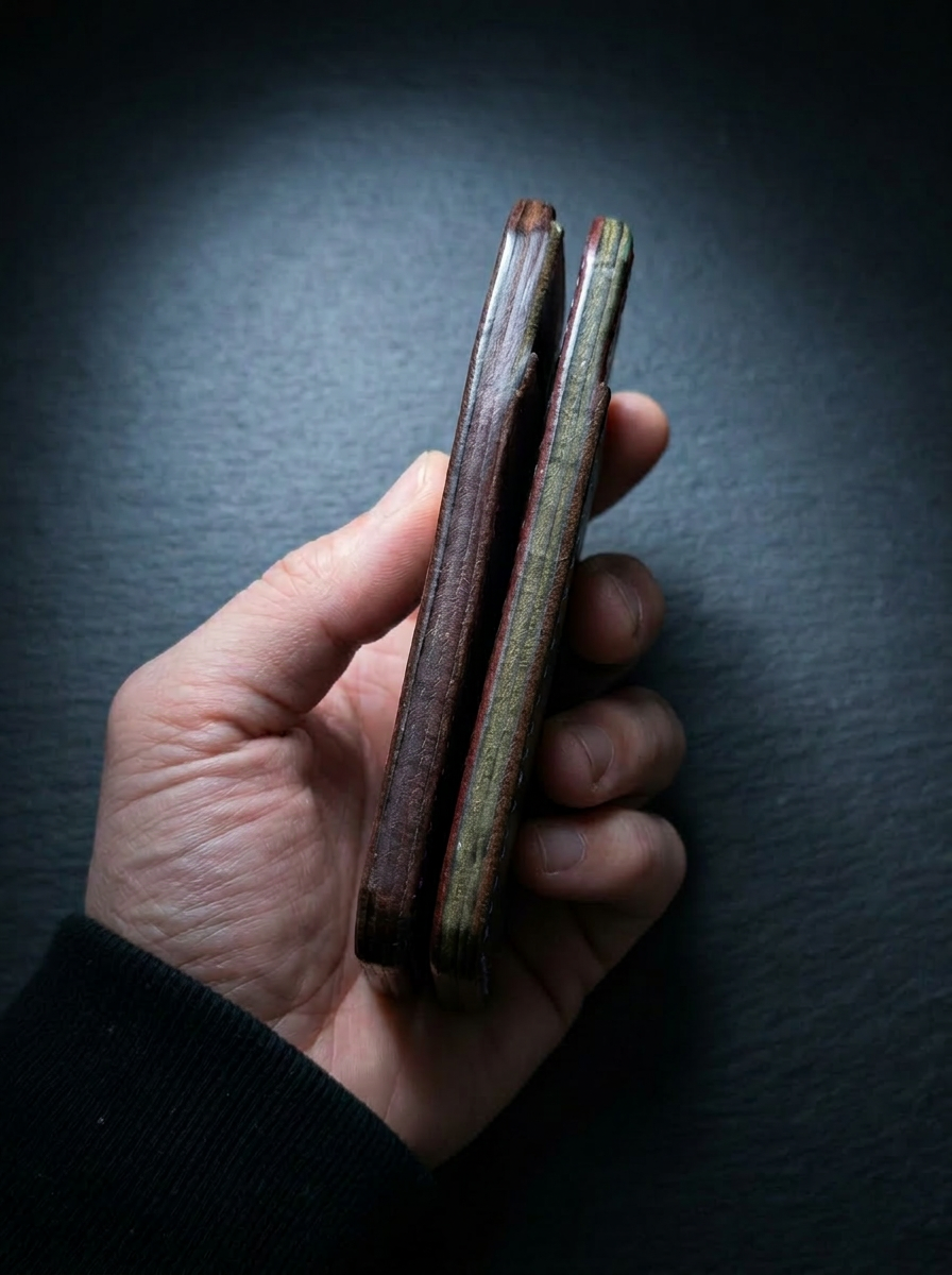 Portrait Card Holders held in hand showing slim side profile