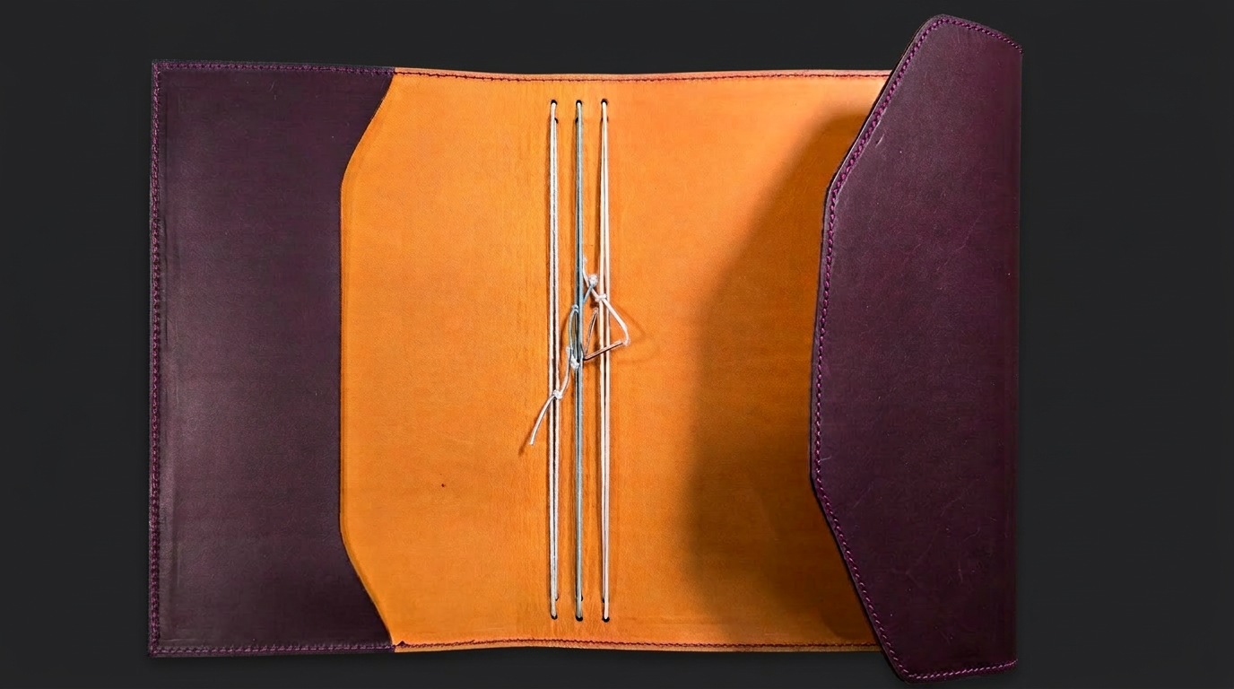 Open leather journal showing orange interior with elastic cord binding